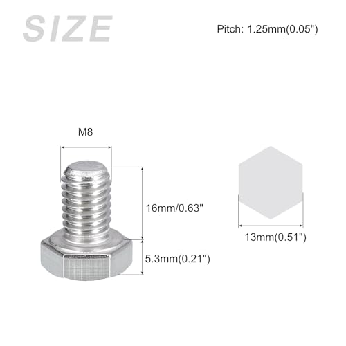 Image of METALLIXITY Hex Bolts (M8-1.25x16mm) 4Pcs, 304 Stainless Steel Coarse Fully Threaded Hex Head Screw Bolt Machine Screws - for Furniture Repair, Silver