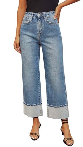 CHARTOU Wide Leg Cropped Jeans for Women High Waist Boyfriends Rolled Up Cuffed Denim Pants