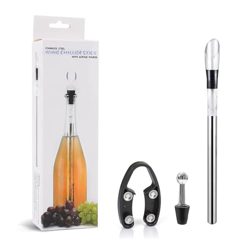 Wine Chiller Set, Chill Rods, Foil Cutter, Stopper, 7-in-1 Stainless Steel Bottle Cooler Stick Freezer with Aerator and Pourer for Chilling Longer, Pouring and Aerating Wine,Bar Gift Men Women