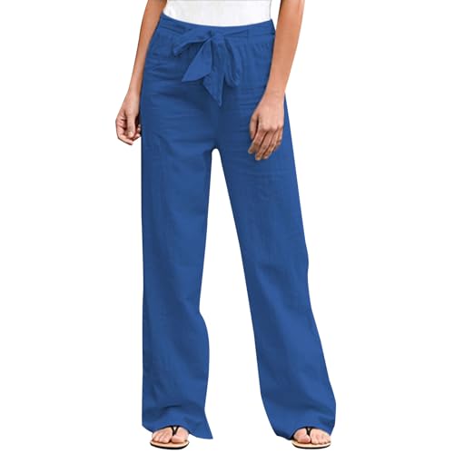 Linen Pants Women Summer Cotton Linen Lounge Pants Casual Strappy Elastic Plus Size Tie Front Trousers with Pockets
