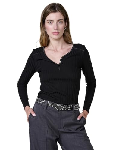 Koroshi Camiseta de Manga Larga para Mujer en Tejido Fluido de canalé Ancho, Escote Pico con Abertura y Botones Decorativos., de Color Black, Talla M