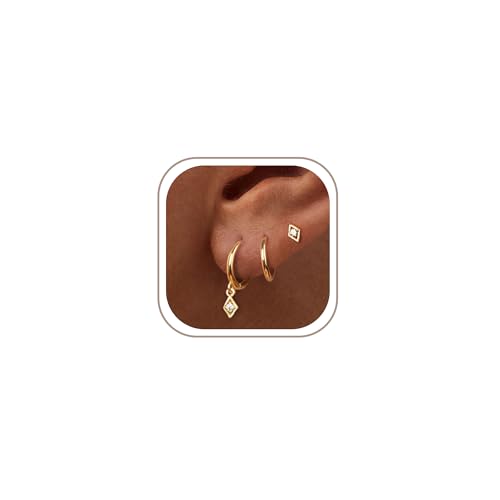 Image of Freekiss 3 Pairs Gold Hoop Earrings Set: Dainty Stud Earrings Trendy Small 14K Gold Plated Hypoallergenic Dangle Cartilage Huggie Hoop Earrings for Women Gold Jewelry for Women Gifts