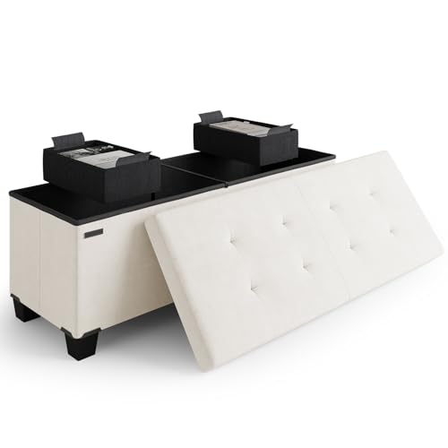 Storage Ottoman Bench with Bins, 43-in Storage Bench for Bedroom