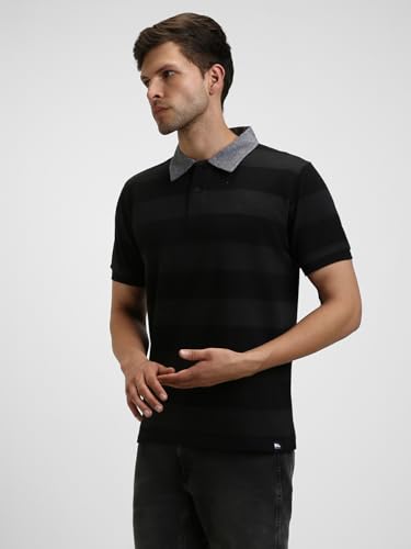 Image of Dennis Lingo Men's Cotton Grey Stripes Regular Fit Button-Down Half Sleeve Polo Tshirt