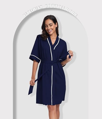 Image of ANLIQI Womens 100% Cotton Robes Lightweight Summer Short Sleeve Lady Bathrobe Knee Length Kimono Robe Sleepwear with Pockets