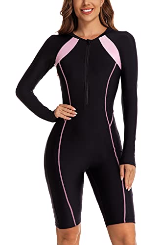 Ecupper Damen Badeanzug Einteiler Rash Guard Zip Up Lange Ärmel Surfen Bademode Gebaut in BH Badeanzüge Reißverschluss(Neoprenfrei) Schwarz-I S