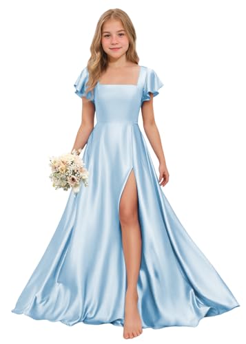 Elegant Satin Junior Bridesmaid Dress for Wedding Square Neck Short Sleeve Formal Dresses with Slit