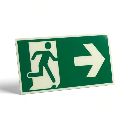Cartel Salida Emergencia Alu Adhesivo, DIN 67510 Luminiscente y Reflectante (30x15x0.4cm), Señal ISO 7010 Sin Taladrar, Flecha Derecha, XAQAMY