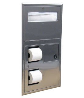 Bobrick B-35745 (Formerly 819843) Recessed Seat-Cover Dispenser, Sanitary Napkin Disposal, and Toilet Tissue Dispenser