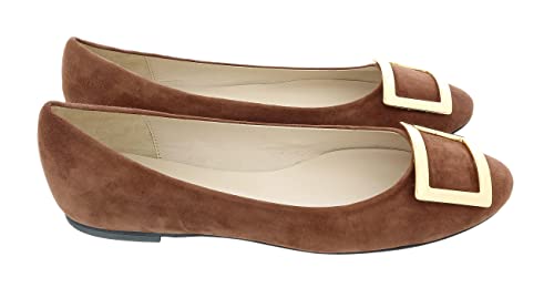 Daniela Fargion Brown/Gold Suede Square Buckle Flat Ballerina Shoes-83