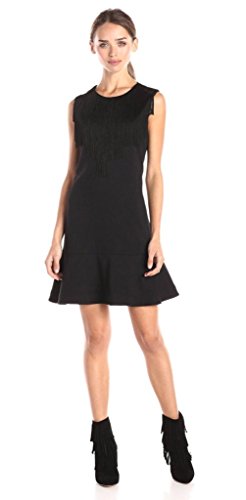 BCBGMax Azria Women's Alyn Cocktail Dress with Fringe Along Neckline, Black, Large