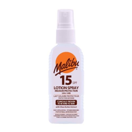Malibu Sun SPF 15 Lotion Spray Medium Protection Sun Cream Water Resistant Vitamin Enriched with Shea Butter Extract 100ml