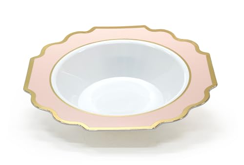 " OCCASIONS " 40 Pieces Bowls Pack, Heavyweight Disposable Wedding Party Plastic Bowls (14 oz Soup Bowl, Imperial White/Blush & Gold)