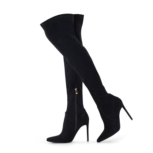 Image of GENSHUO Women's Over the Knee Boots Stiletto Pointed Toe Thigh High Heel | Stretchy Thigh High Long Boots with Side Zipper, Sexy Slim Fit Tall Heeled Boot for Club Party Evening Dress Wear