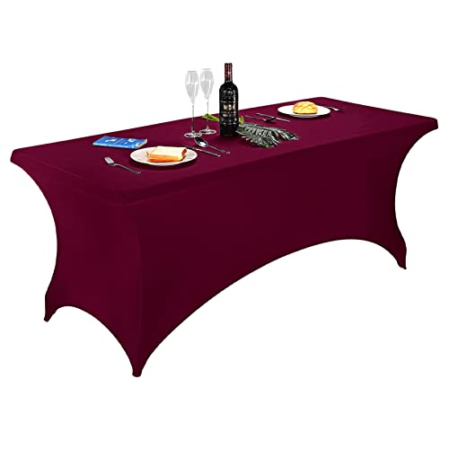 Image of FORLIFE Universal Fitted Spandex Table Covers, 6ft Rectangular for Wedding, Banquet, Party - Burgundy