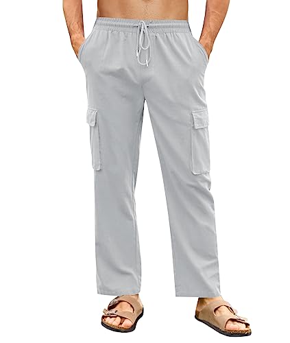 PASLTER Mens Linen Cargo Pants Lightweight Elastic Waist Drawstring Casual Loose Summer Beach Yoga Pants With Pockets - Product Details