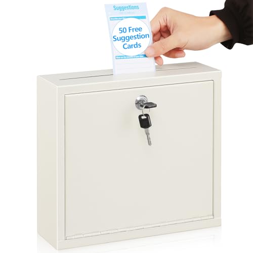 KYODOLED Suggestion Box with Lock and Slot, Wall Mounted Small Mailbox for Office, Key Drop Box with 50 Free Suggestion Cards, Safe Lock Box, Ballot Box, Donation Box, 3W x 10H x 12L Inch White