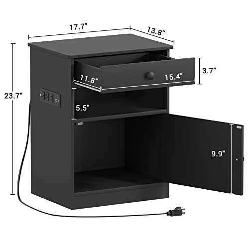 Hasuit Nightstands With Charging Station, Led Light Bedside Table With Storage Drawer Open Cubby And Cabinet, Black End Table For Bedroom #TOP1