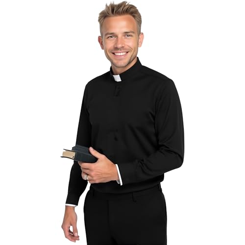 Men's Clergy Tab Collar Polo Shirt Long Sleeve Pastor Minister Preacher Shirt Priest Tops Black2