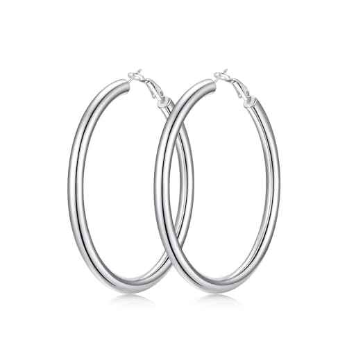FaithHeart Chunky Hoop Earrings for Women, Silver/Black/14K Gold Plated Stainless Steel Earrings 5mm Thick Hollow Tube Hoops Hypoallergenic Lightweight Earring 20/30/40/50/60/70/80mm 70mm Si
