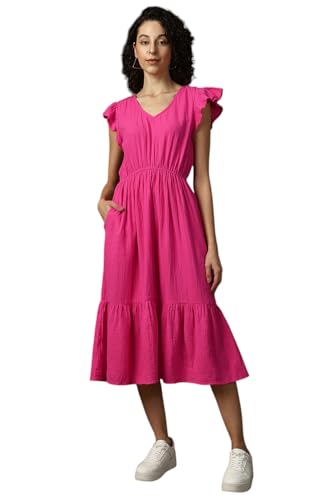 Image of High Star Women Cotton Solid Regular fit V-Neck Sleeveless Dresses