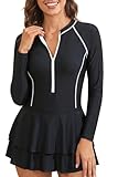 Daci Women Black Long Sleeve One Piece Rash Guard Modest Swimsuits Dress Zipper Bathing Suit Skirt with Short UPF 50+ L