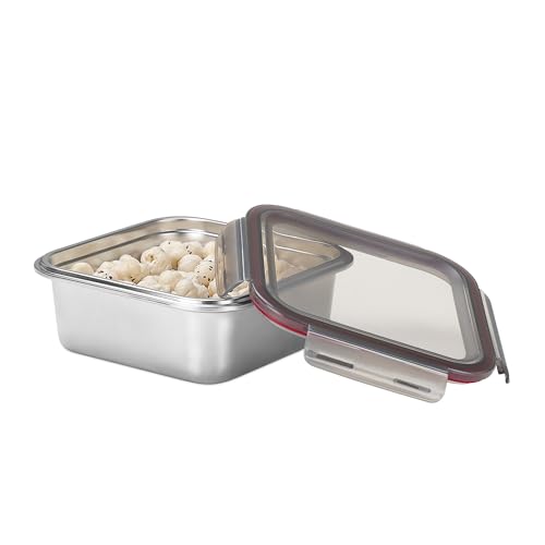 Image of MILTON Steel Lock and Store Square 1500 Stainless Steel Container with four side lock plastic lid, 1440 ml, Silver Silver, Food Grade, Refrigerator Safe, Rust Resistant, BPA Free