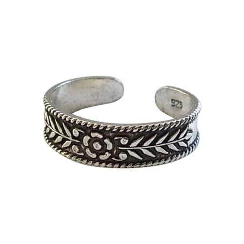 Sterling Silver Toe Ring, Handmade Adjustable Open Band - Ethnic Floral Design, Dainty Summer Beach Foot Jewelry for Women, Can Be Worn as Knuckle or Pinky Ring (Floral Oxidized Band)