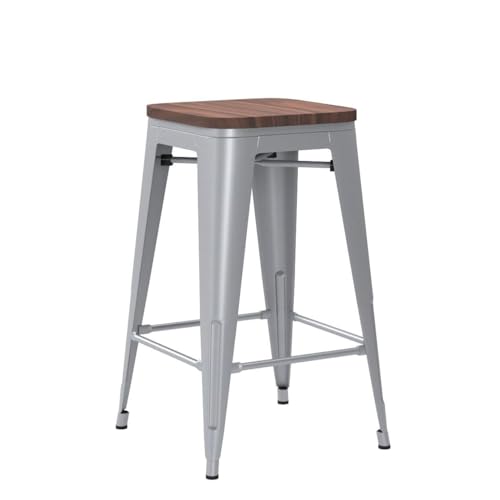 Set de 4 Butacos Metálicos sin Respaldo de 26" (Plata) | Taburetes para Isla de Cocina con Asiento de Madera, Estilo Industrial y Apilables, para Comedor, Granja y Cafetería miniatura 5