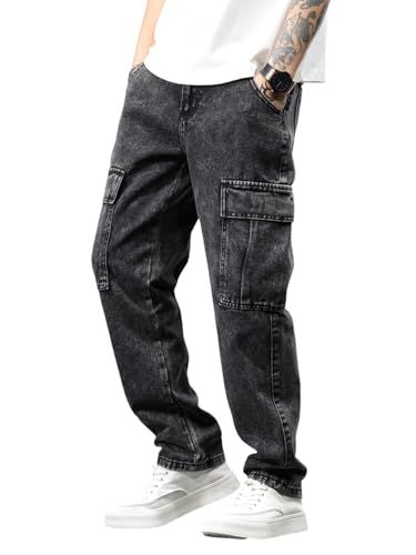 Men's Tapped and Wide Leg Jeans Non-Stretch Loose Fit Hip Hop Cargo Jeans with Multi-Pocket