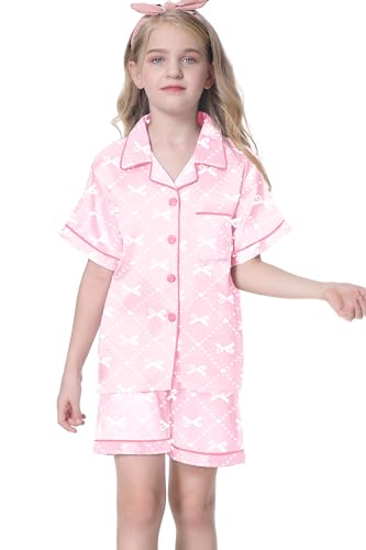 Image of Umeyda Women & Girls Pajamas Set, Soft Satin Lightweight Silk Button-Down Top with Shorts 2 Piece PJS for Mom Boys Kids Gifts