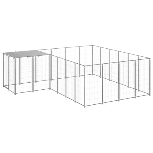 Mhdvray Hundezwinger Outdoor 8, 47 m² Stahl Silber Silbergrau 330 x 330 x 110 cm UV- beständiges PE- Dach abschließbare Tür für Garten Camping große Hunde