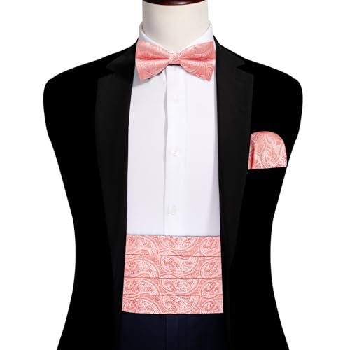 Image of Barry.Wang Men Silk Paisley Cummerbund and Pre-tied Bowtie Handkerchief Cufflink Set for Tuxedo