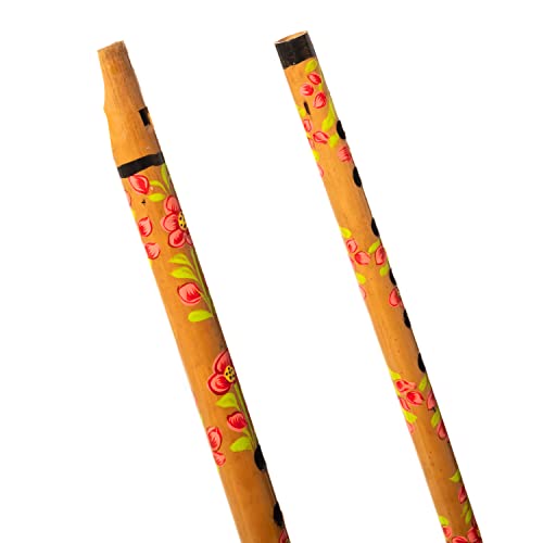 Decorative Traditional Handmade Wooden Bamboo Flute Basuri Indian Musical Instrument for gifting and Decoration (Flower Design-Set of 2) - Image 2