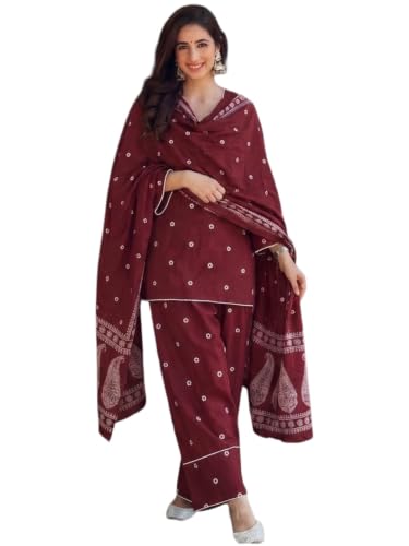 Image of ANNI DESIGNER Farshi Salwar Suit for Women | Cotton Blend Printed Straight Kurta with Dupatta | Farsi Farasi Parsi Ethnic Indian Office Party Wedding Clothing Fashion Premium Traditional Look 3 Piece
