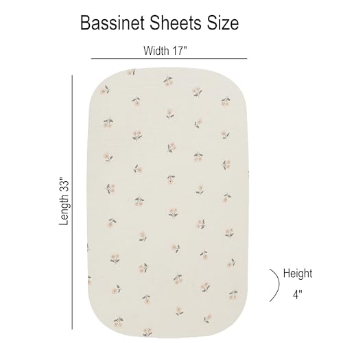 Image of Onacosht Muslin Bassinet Sheets 3 Pack for Baby Girl, Pink and Floral | Skin-friendly, 100% Cotton Bassinet Fitted Sheets, 33 inch X 17 inch, Universal Size for Standard Oval & Rectangle Bassinet Mattress