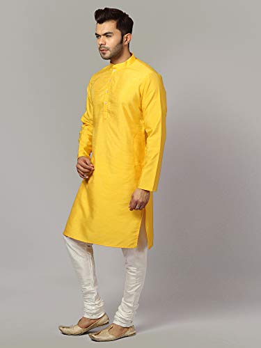 Image of Uri and MacKenzie Banarasi Dupion Silk Solid Kurta Churidar Pyjama Set for Men