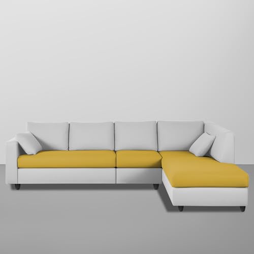 Image of Florian RHS 6 Seater L Shape Sofa Set for Living Room (Yellow Grey Fabric) Premium Fabric Sofa