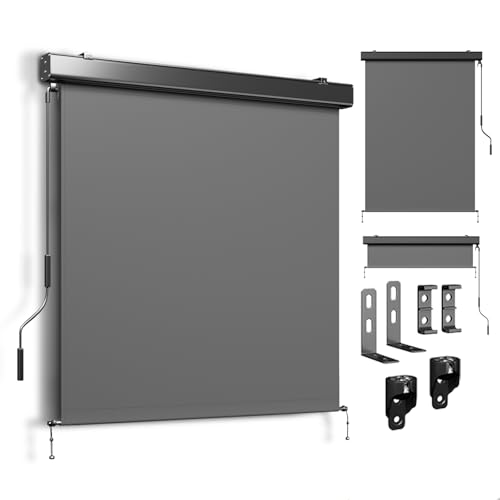 UDPATIO Senkrechtmarkise außen 160x250cm, Balkon Sichtschutz, Markise mit Handkurbel, Außenrollo Wetterfest Sonnenschutz, 280g/m² Balkonrollo aus Aluminium für Terrasse, Grau Wasserdicht