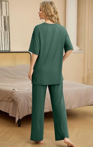 Image of PrinStory Womens Pajamas Sets 2 Piece Lounge Set Short Sleeve Tops and Long Pants Soft Pjs Loungewear with Pockets
