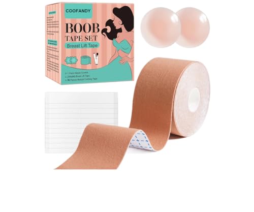 COOFANDY Breathable Boob Tape for Breast Lift, Fabric Tape for Women Clothing and Body, 1 Pair Silicone Nipple Stickers, Reusable Adhesive Bra, Suitable for Breasts A-G Cup Beige