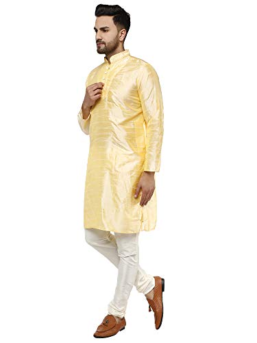 Image of SKAVIJ Men's Dupion Silk Embroidered Kurta Pajama Mandarin Collar Ethnic Motifs Festive Party Dress