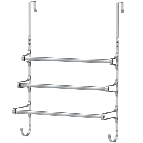 CANYAVE Over The Door Towel Rack, Over Door Towel Rack for Bathroom Door, Triple Towel Storage Holder with Hooks (Silver Gray, 17.32