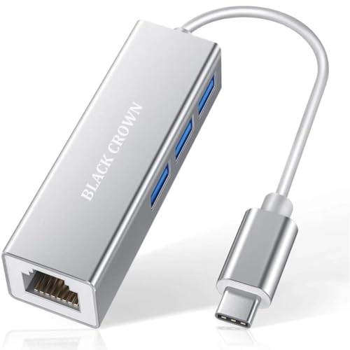 Image of BLACK CROWN Type C to RJ45 Ethernet LAN Adapter with 3 Port USB Hub for Mak-Book /Pro /Mak /Chrom -Book /Pixel (USB C to 3 Port USB + RJ45 LAN Adapter)