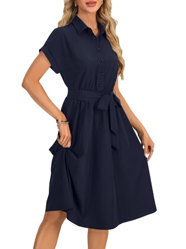Image of Vrtige Women's Collar Neck Button Down Tie Waist Short Sleeve A Line Midi Shirt Dress