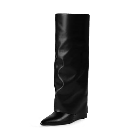 Modatope Black Slouchy Knee High Boots for Women Fall Fold Over Shark Boots Pointed Toe Wedge Heel Tall Long Boots Size 8