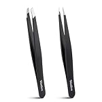 2-Pack Tweezers for Eyebrows, Facial Hair, Ingrown Hair Removal, Slant and Point Tip Tweezer Set for Women and Men, Professional Stainless Steel Precision Eyebrow Plucking Grooming with Case - Black