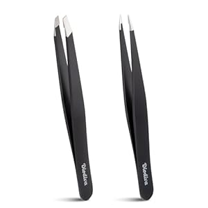 2-Pack Tweezers for Eyebrows, Facial Hair, Ingrown Hair Removal, Slant and Point Tip Tweezer Set for Women and Men, Professional Stainless Steel Precision Eyebrow Plucking Grooming with Case – Black