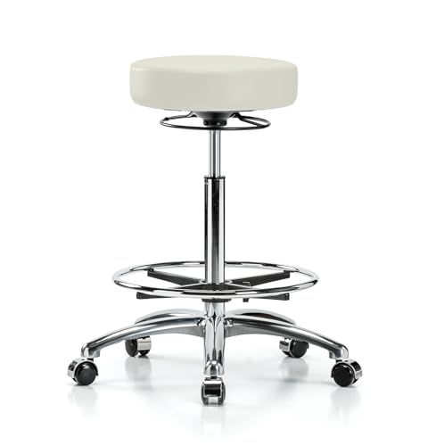 Image of Perch Chrome 360 Degree Height Adjustable Swivel Stool with Foot Ring | High Bench Height 24-34 inch | Off-White Vinyl