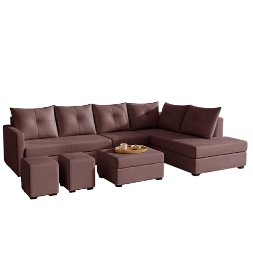 Image of Wood 8 Seater Sofa Set with Ottoman & Stools | Velvet Fabric Upholstery | Modern L Shape Wooden Frame Couch for Living Room, Home & Office (Brown)